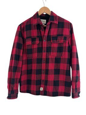 Men's Red Black Buffalo Check Plaid Flannel Shirt Fleece Lined Shacket Size M